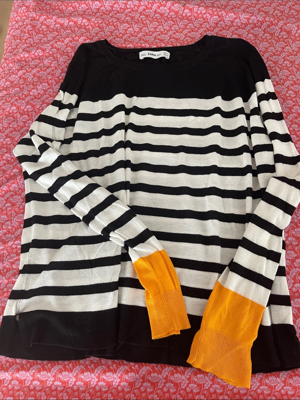 Zara Black & White Striped Sweater with Orange Cuffs